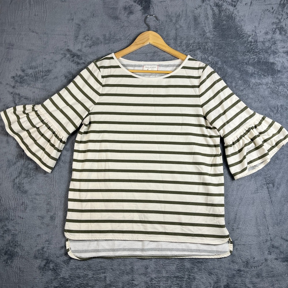 Max Studio Weekend Top Womens L Multi Striped French Terry Lined Ruffle Sleeve